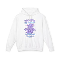 White hoodie with a purple dragon graphic and text on a white background