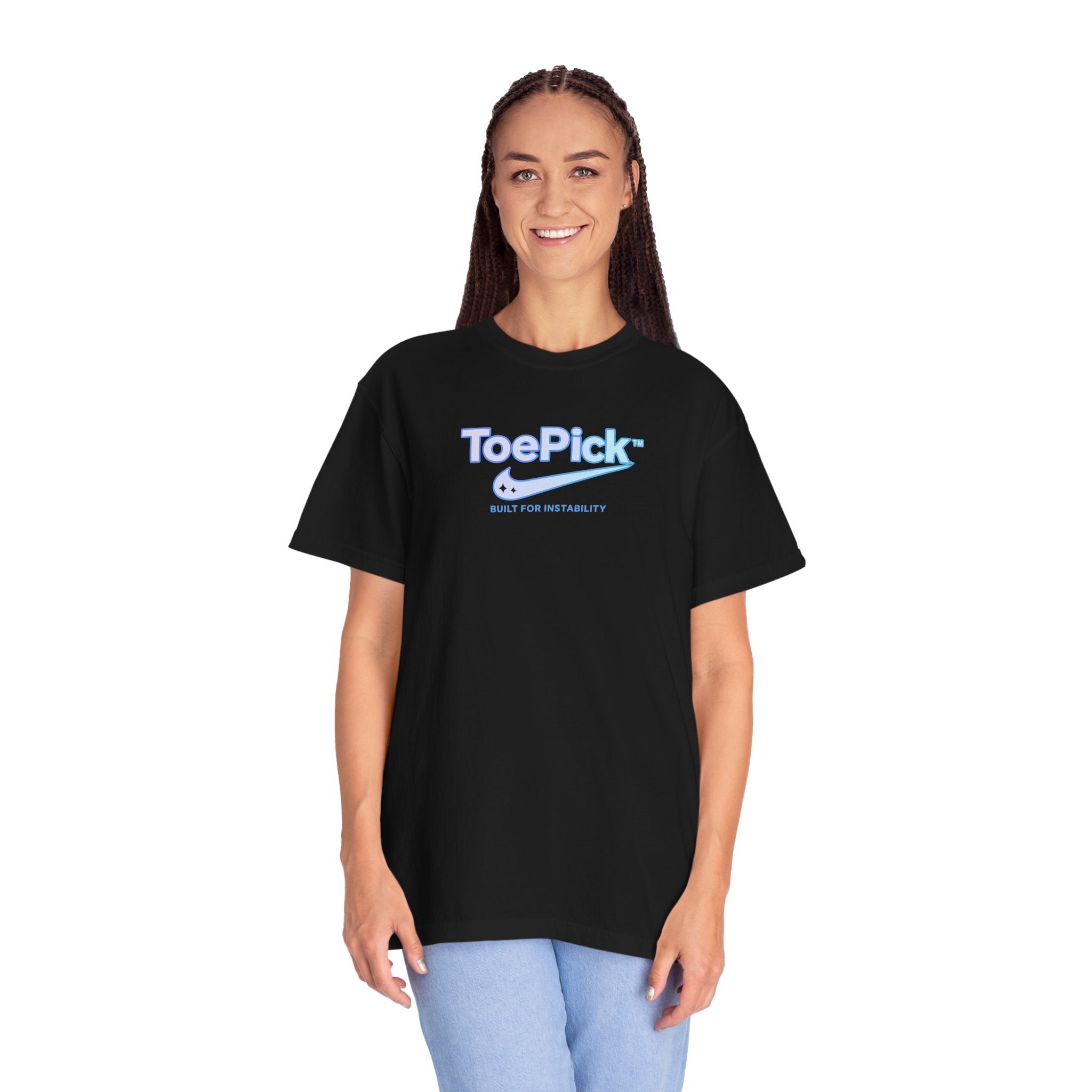 Person wearing a black t-shirt with 'ToePick' logo on a white background