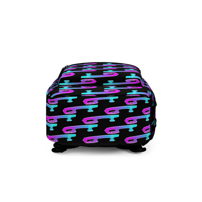 Black suitcase with colorful geometric pattern on a white background