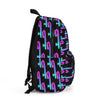 Black backpack with colorful geometric pattern on a white background
