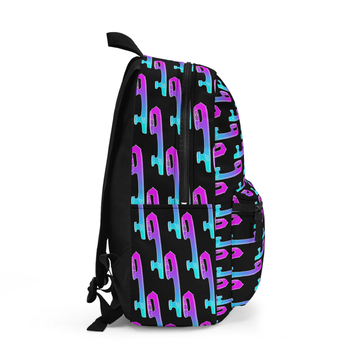 Black backpack with colorful geometric pattern on a white background