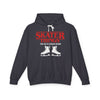 Black hoodie with red and white text and graphics on a white background