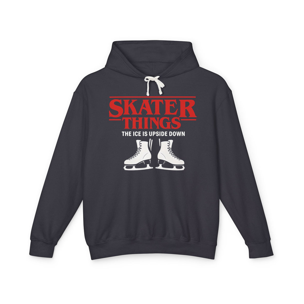 Black hoodie with red and white text and graphics on a white background