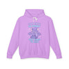 Purple hoodie with cartoon character and text on a white background