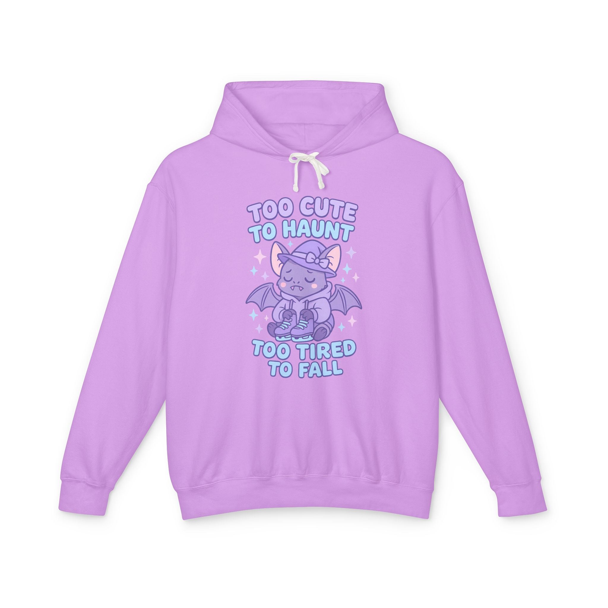 Purple hoodie with cartoon character and text on a white background