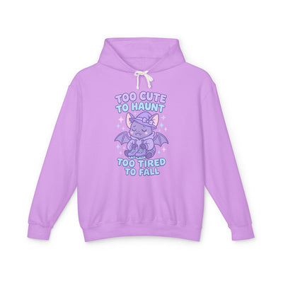 Purple hoodie with cartoon character and text on a white background