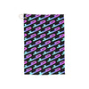 Black towel with colorful pattern on a white background
