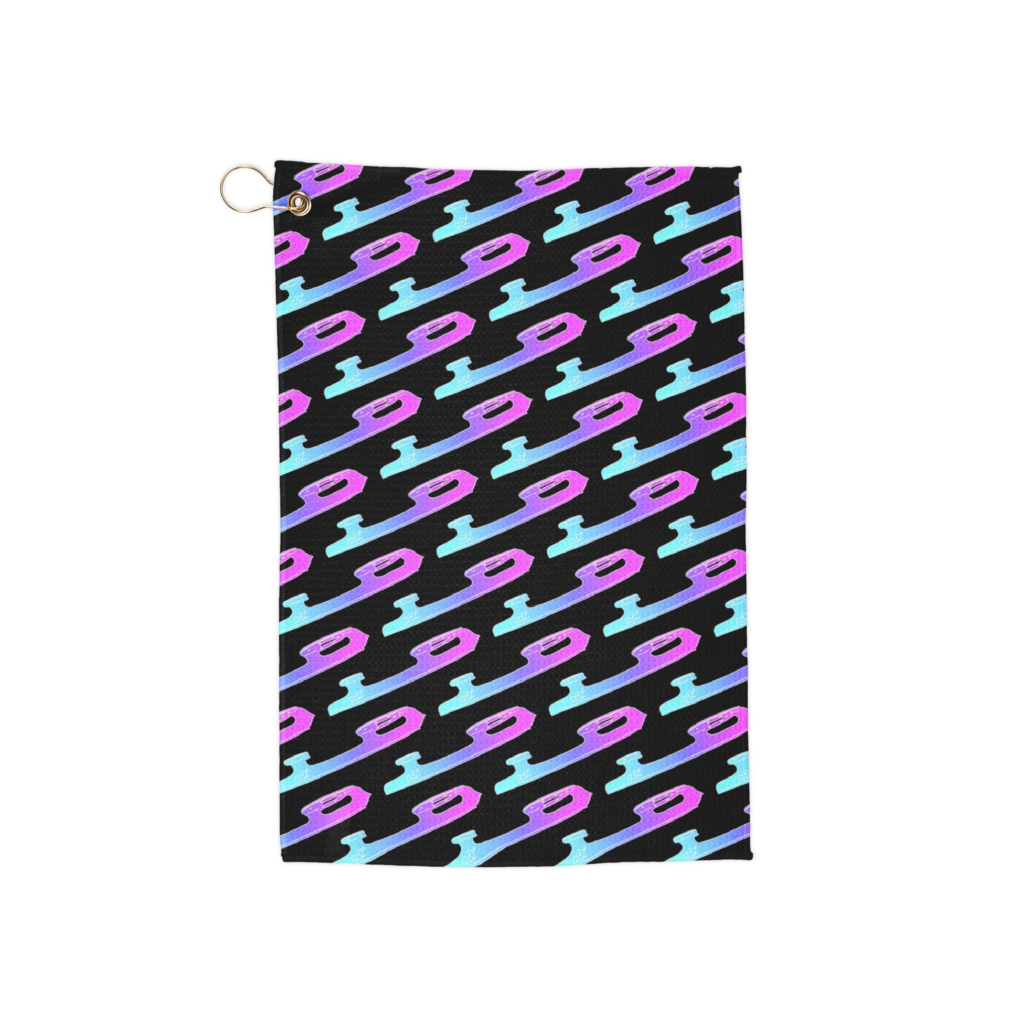 Black towel with colorful pattern on a white background