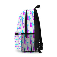 Backpack with colorful geometric pattern on a white background
