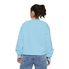 Person wearing a light blue sweatshirt and jeans on a white background