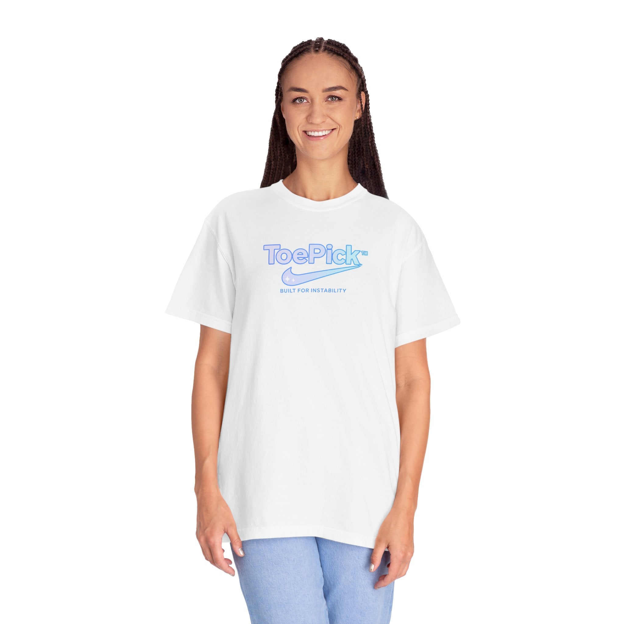 Person wearing a white t-shirt with 'ToePick' logo on a white background