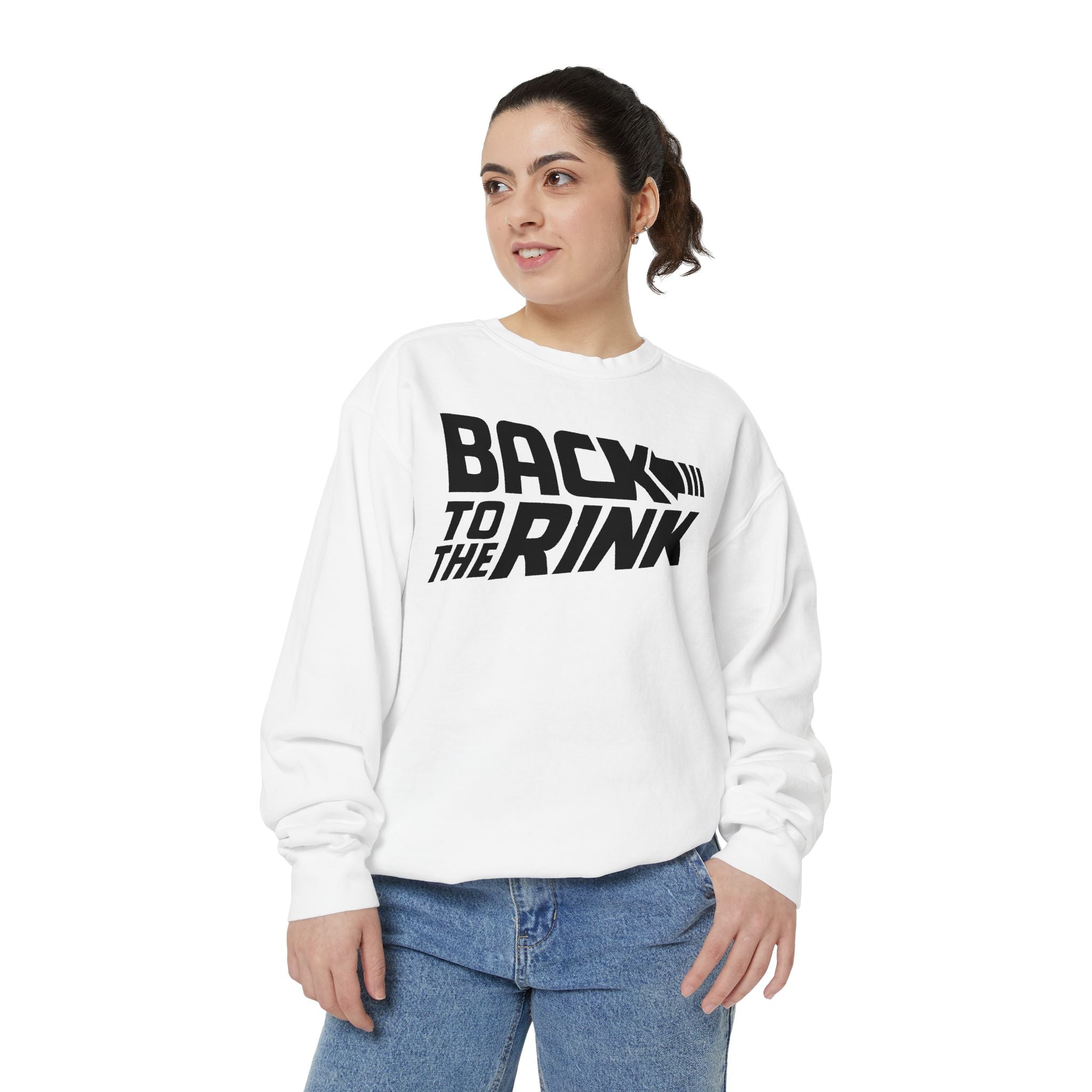 Woman wearing a white sweatshirt with 'Back to the Rink' text on a white background