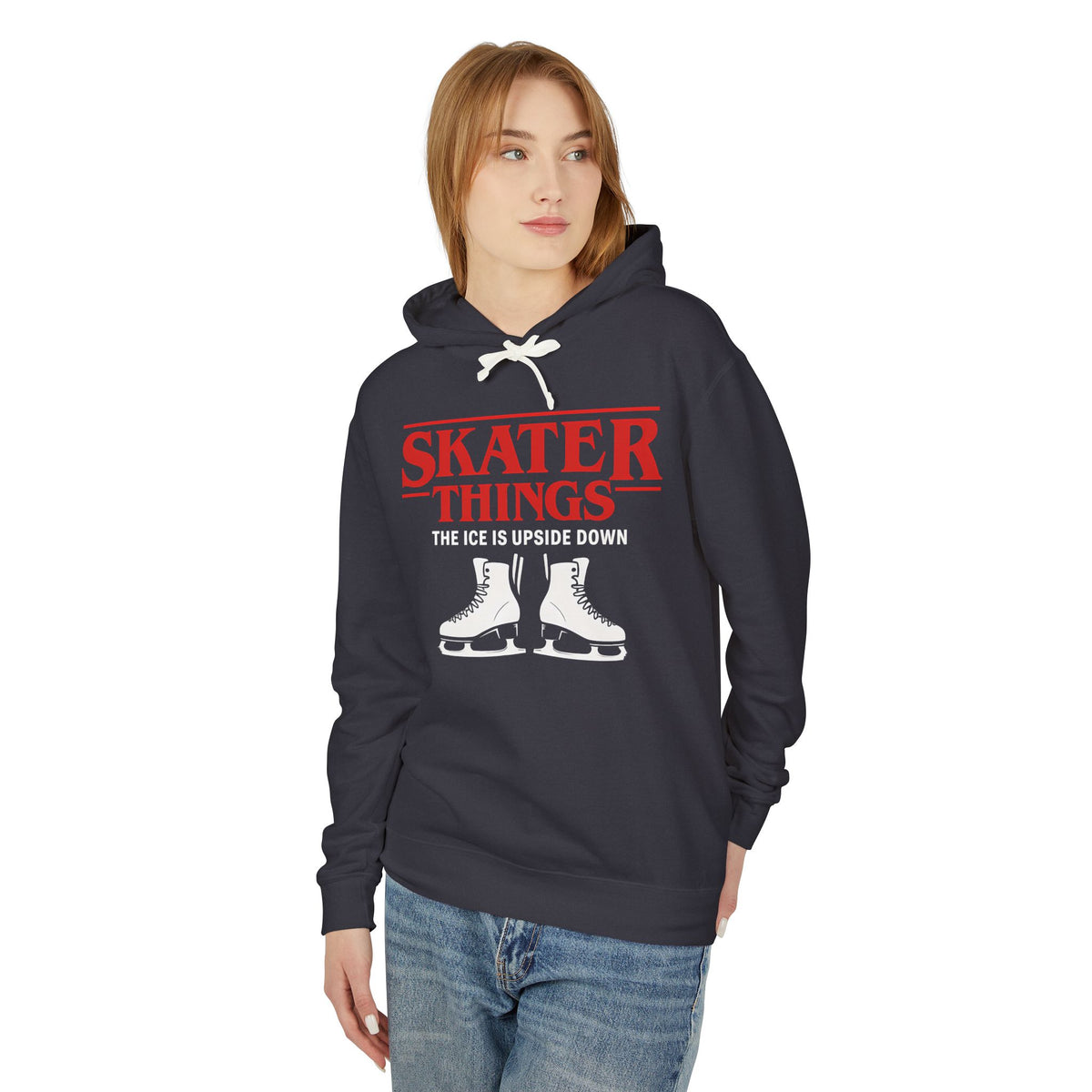 Person wearing a navy hoodie with 'Skater Things' text and graphic on a white background