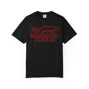 Skater Things T-Shirt in Black, front, with red outline lettering and a skate blade