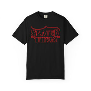 Skater Things T-Shirt in Black, front, with red outline lettering and a skate blade