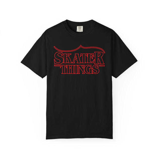 Skater Things T-Shirt in Black, front, with red outline lettering and a skate blade