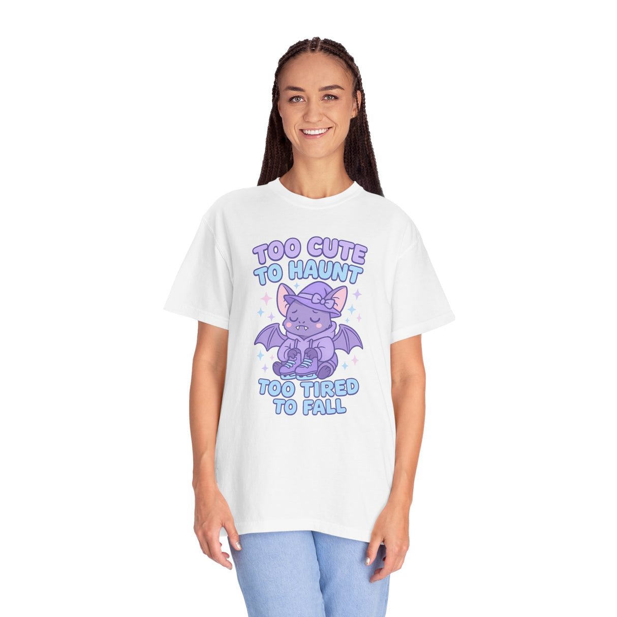 Person wearing a white t-shirt with a purple bat graphic and text on a white background