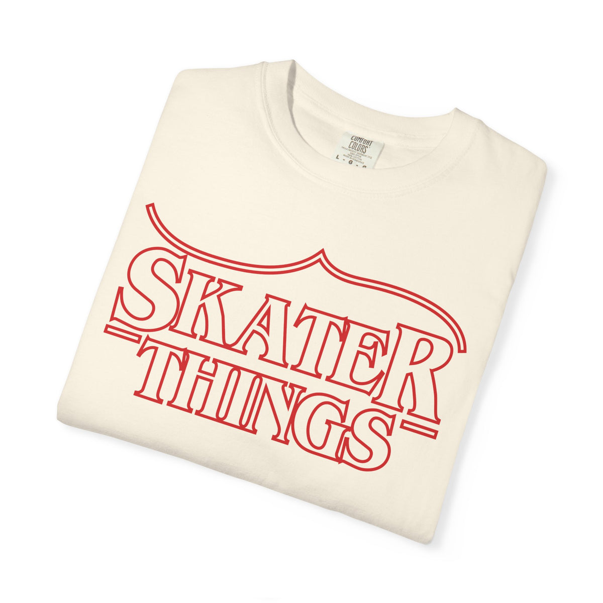 Skater Things T-Shirt in Ivory, folded to show the red outline print
