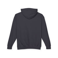 Back view of a dark gray hoodie on a white background