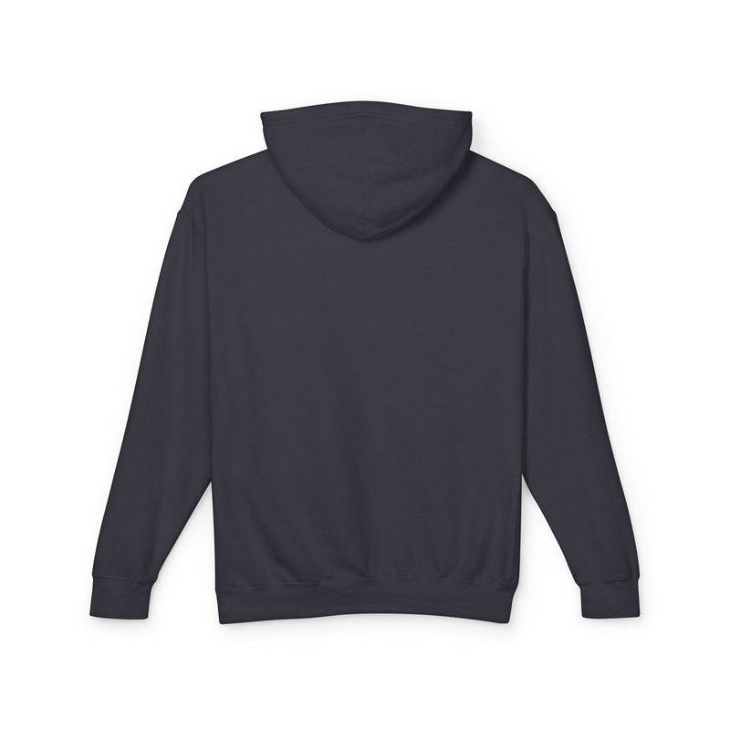 Back view of a dark gray hoodie on a white background