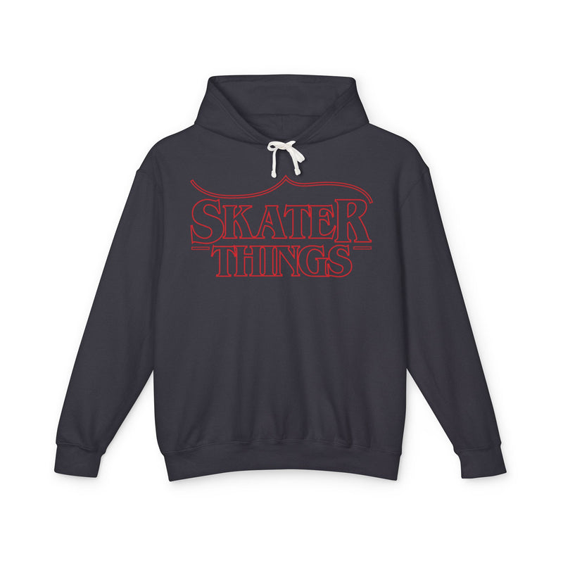 Black hoodie with 'Skater Things' text in red on a white background