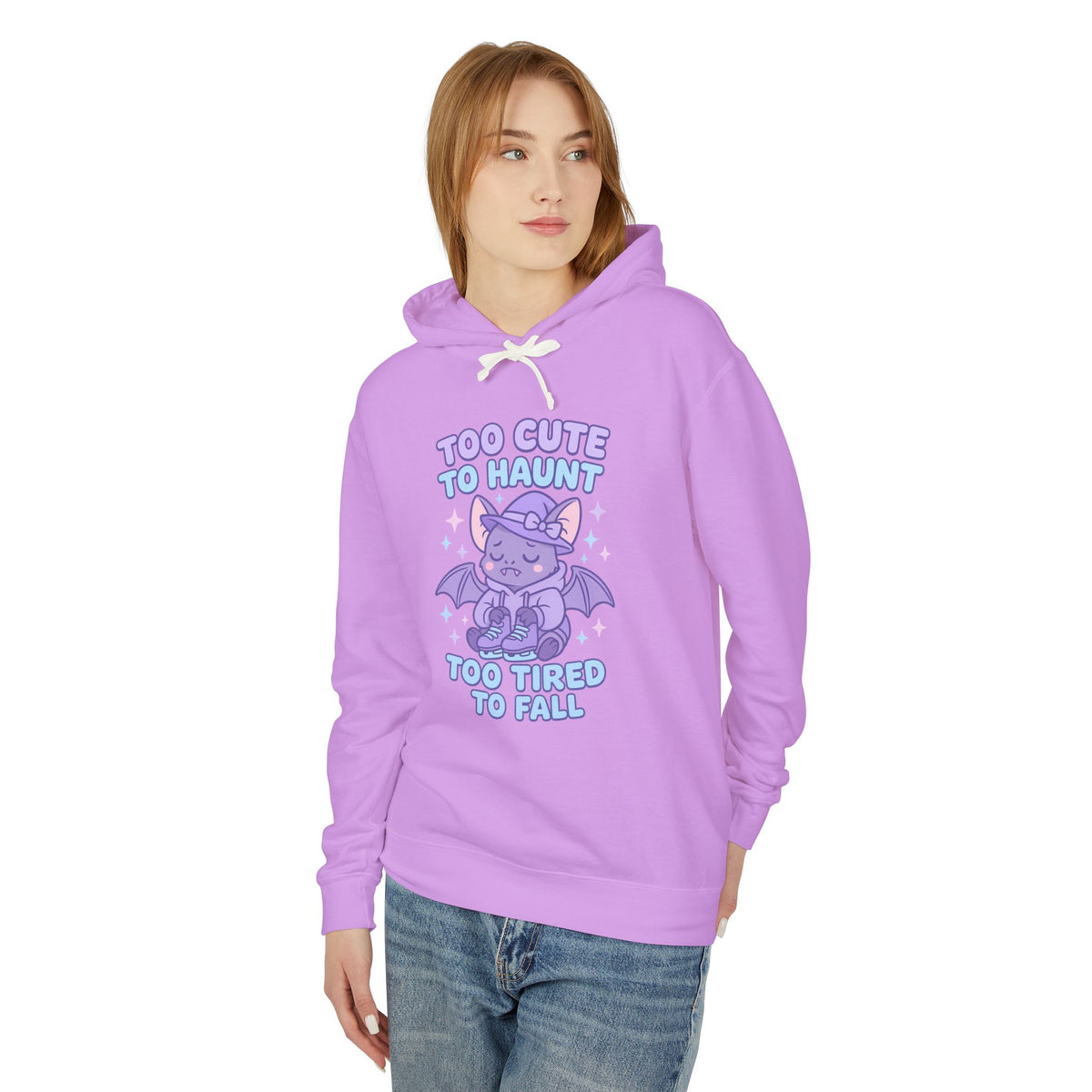 Person wearing a purple hoodie with a graphic and text on a white background