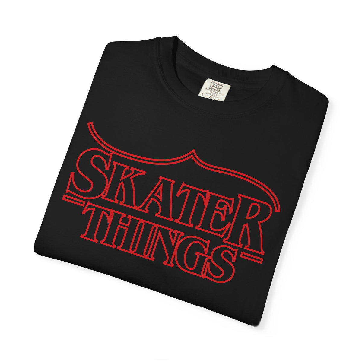 Skater Things T-Shirt in Black, folded to show the red outline print