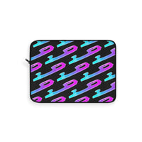 Black laptop sleeve with colorful geometric pattern on a white background