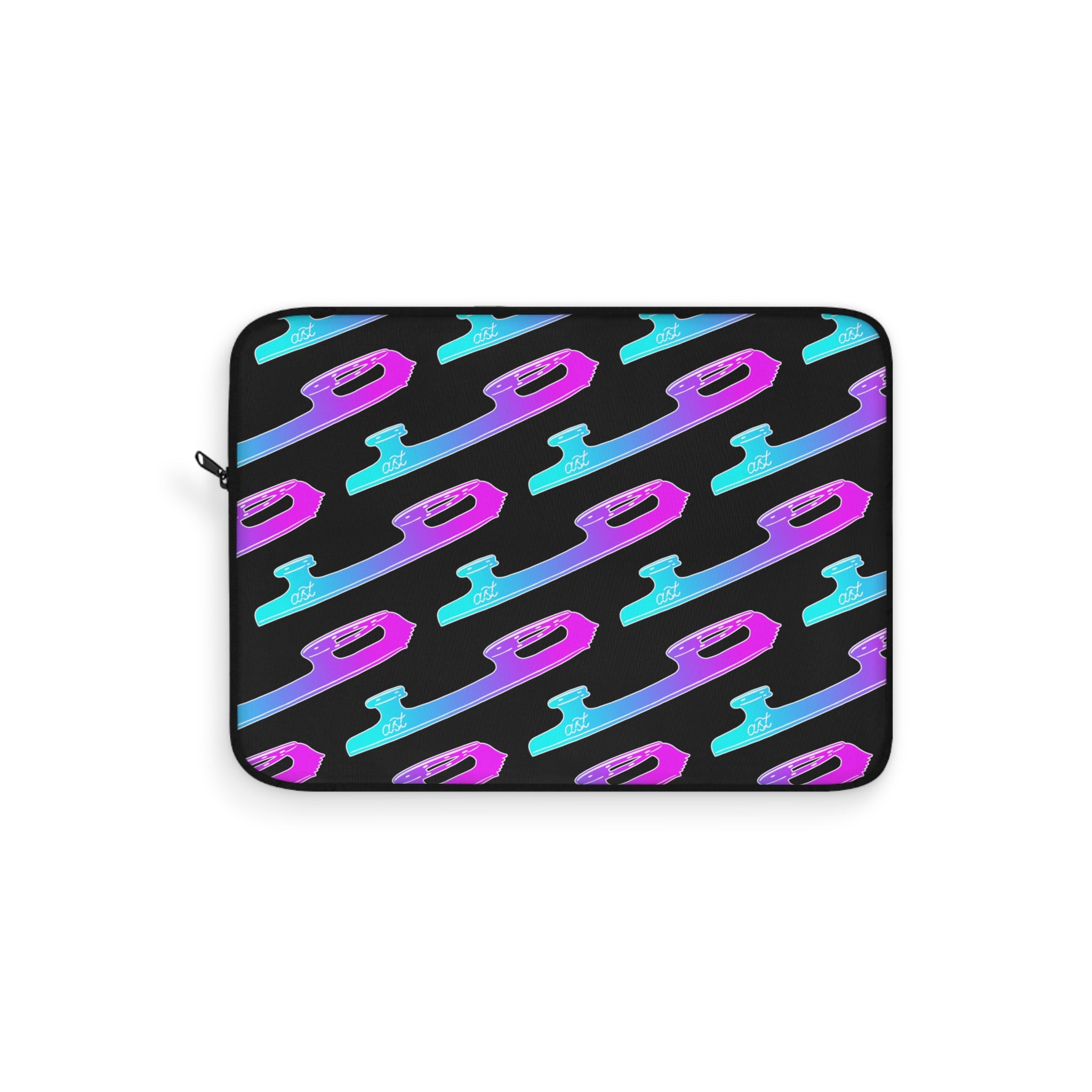 Black laptop sleeve with colorful geometric pattern on a white background