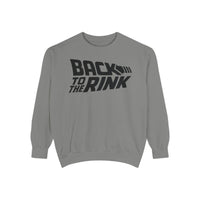 Gray sweatshirt with 'Back to the Rink' text on a white background