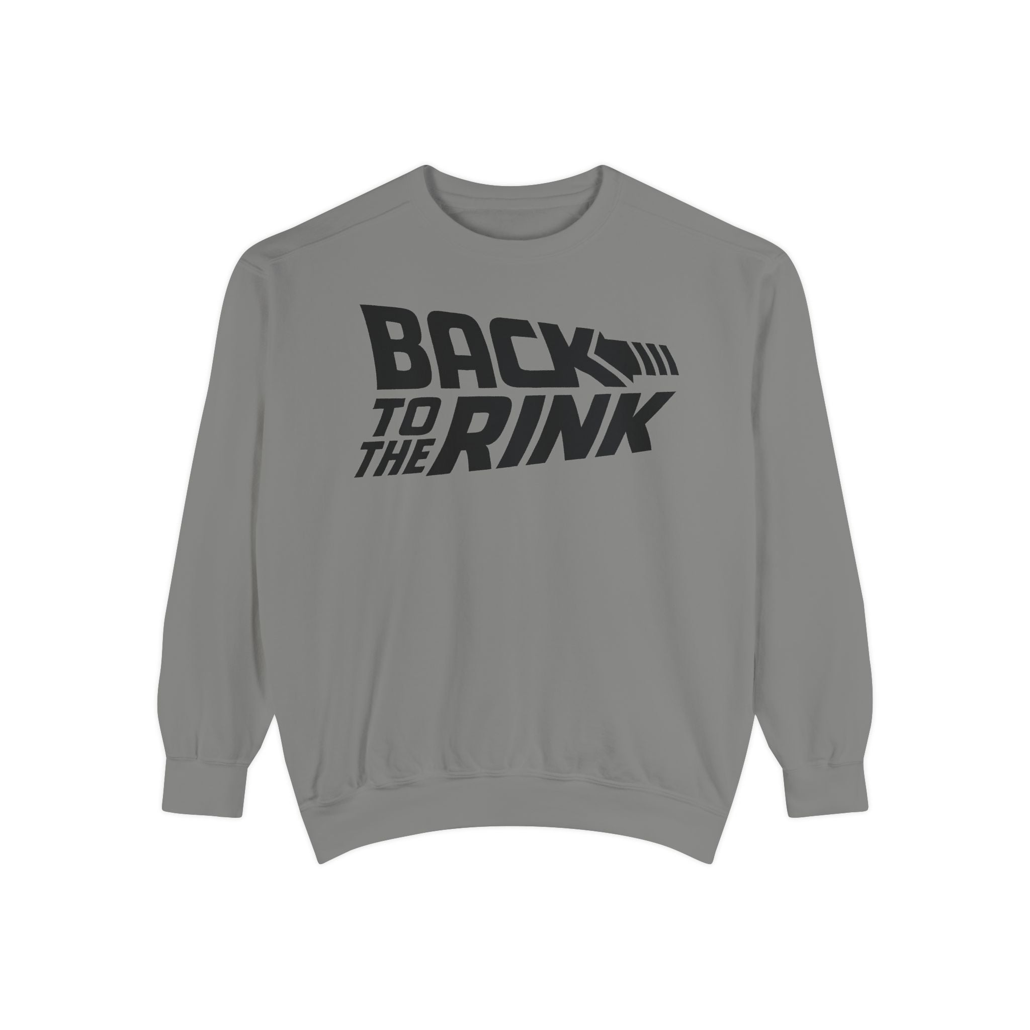 Gray sweatshirt with 'Back to the Rink' text on a white background
