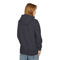 Person wearing a dark blue hoodie on a white background
