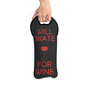 Black wine bag with red text 'WILL SKATE FOR WINE' held by a hand on a white background