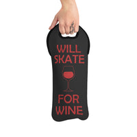 Black wine bag with red text 'WILL SKATE FOR WINE' held by a hand on a white background