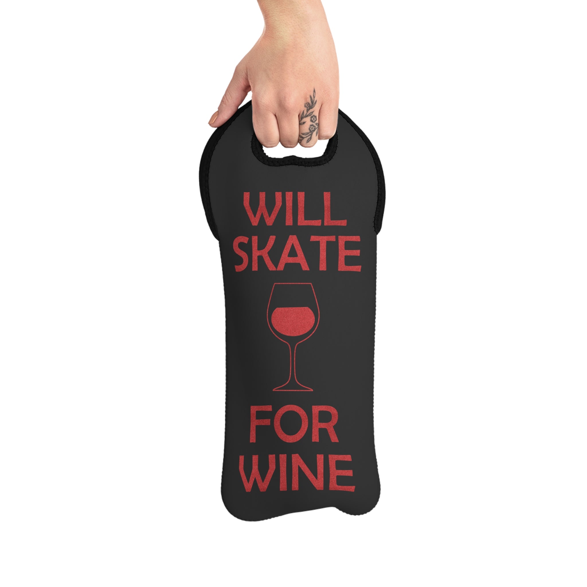Black wine bag with red text 'WILL SKATE FOR WINE' held by a hand on a white background