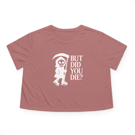 Mauve t-shirt with a skeleton graphic and text on a white background