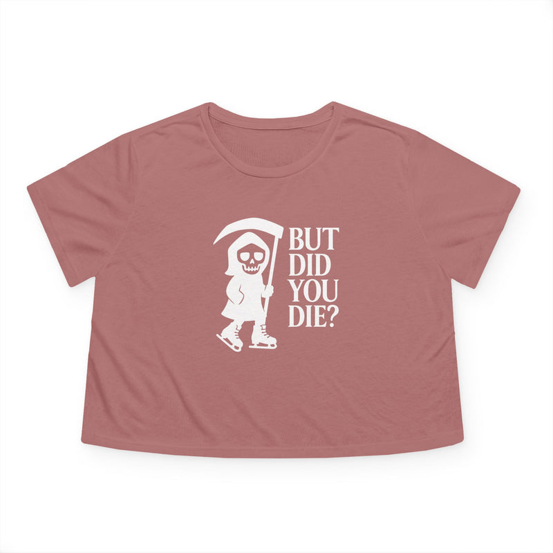 Mauve t-shirt with a skeleton graphic and text on a white background