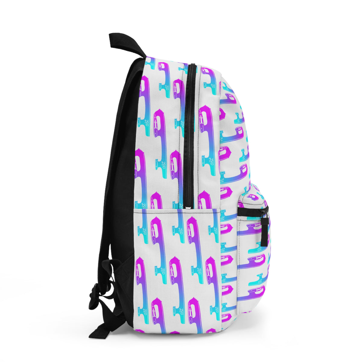 Backpack with colorful geometric pattern on a white background
