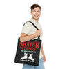 Man holding a black tote bag with 'Skater Things' text and graphic on a white background