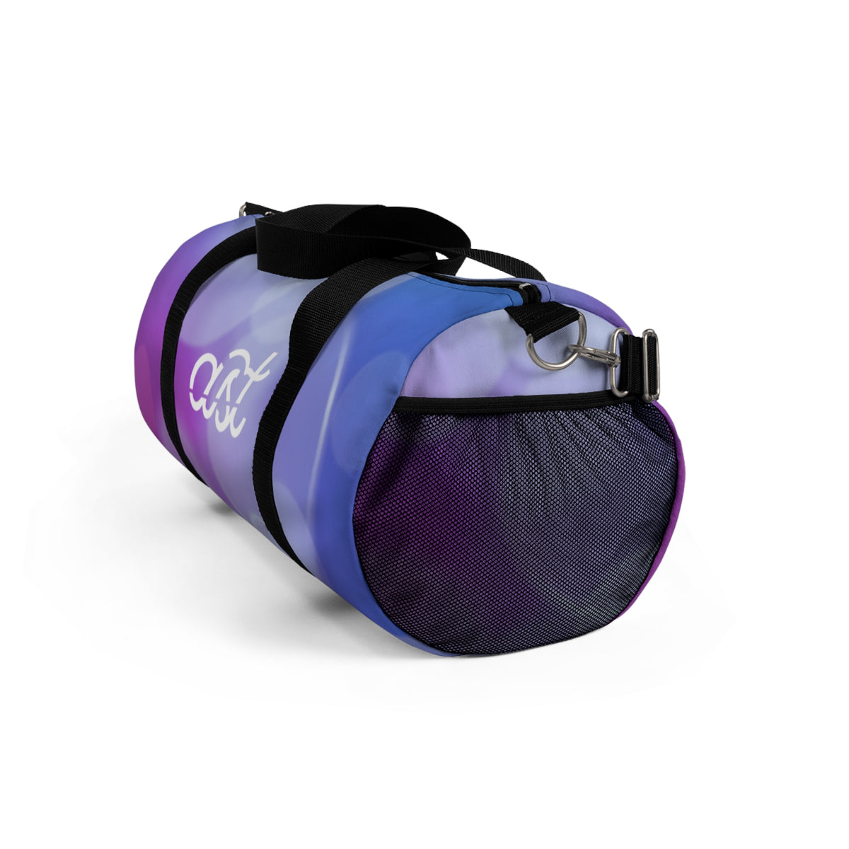 Purple and blue duffel bag with black straps on a white background