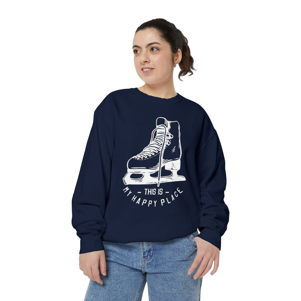 Person wearing a navy blue sweatshirt with ice skate design and text on a white background