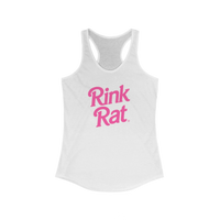 White tank top with pink 'Rink Rat' text on a white background
