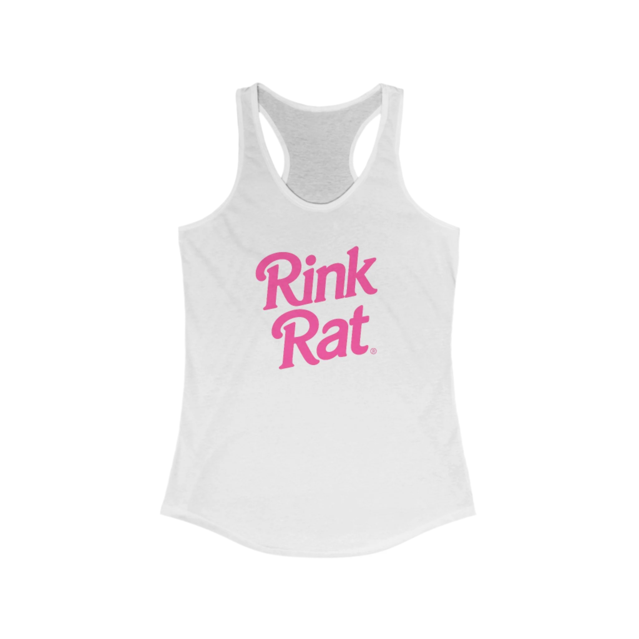 White tank top with pink 'Rink Rat' text on a white background