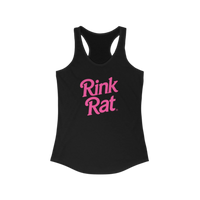 Black tank top with pink 'Rink Rat' text on a white background