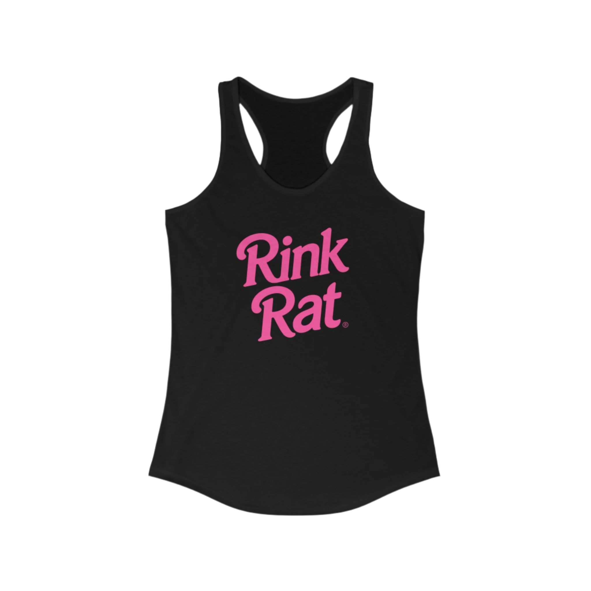 Black tank top with pink 'Rink Rat' text on a white background