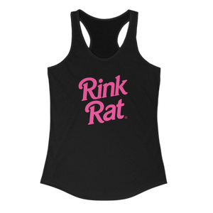 Black tank top with pink 'Rink Rat' text on a white background