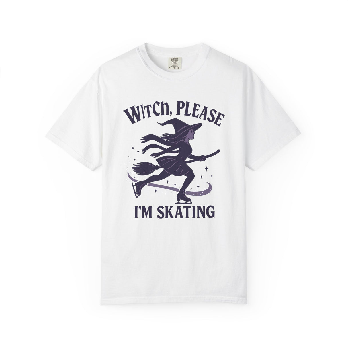 White t-shirt with a witch graphic and text on a white background