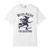 White t-shirt with a witch graphic and text on a white background