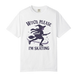 White t-shirt with a witch graphic and text on a white background