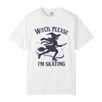 White t-shirt with a witch graphic and text on a white background